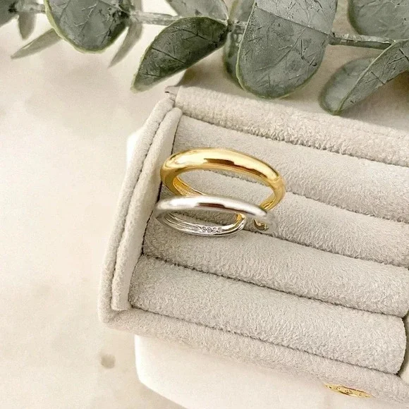 925 Sterling Silver & Gold Two Tone Layer Ring Minimalist Chunky Thick Ring - Picture 4 of 6